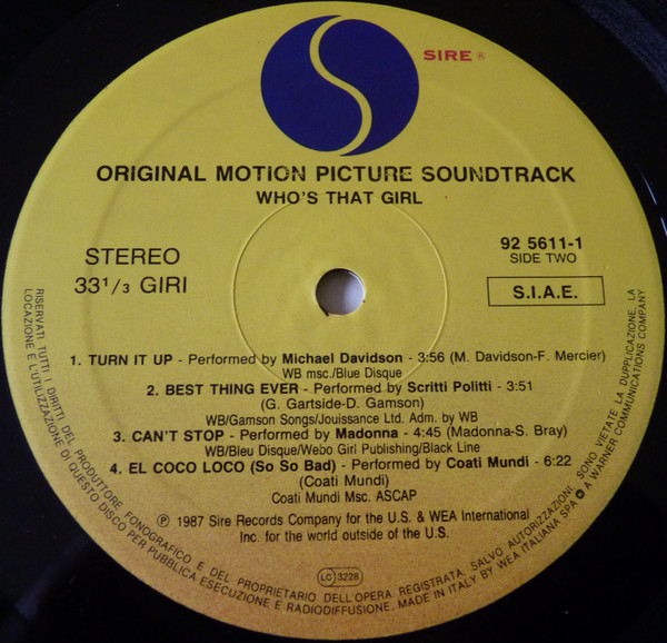 Madonna Who's That Girl (Original Motion Picture Soundtrack) Vinyl