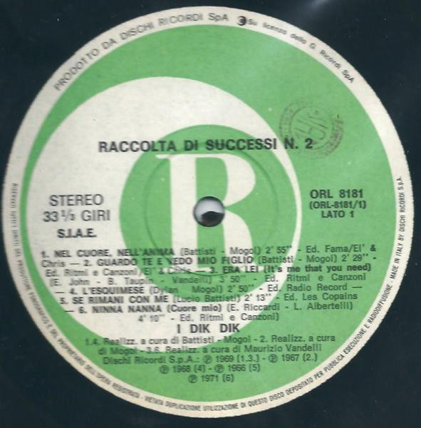 I Dik Dik Raccolta Di Successi N. 2 Vinyl (LP, Compilation