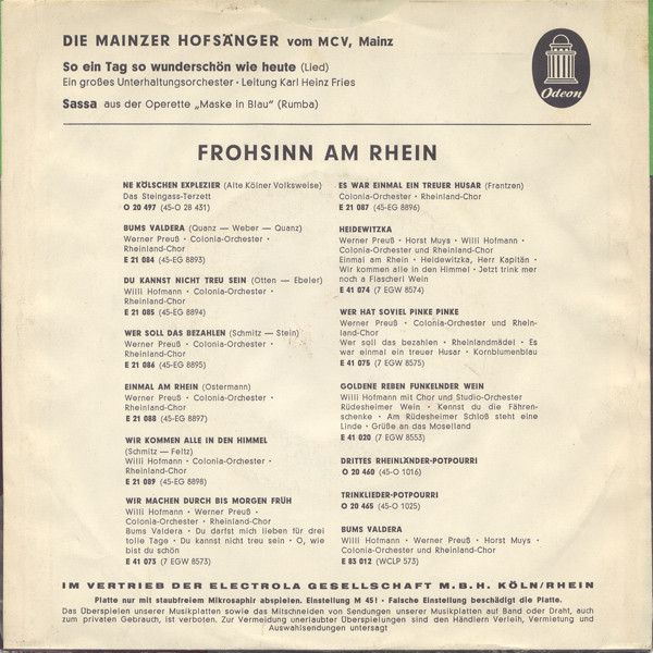 Text So Ein Tag So Wunderschön Wie Heute Die Mainzer Hofsänger | So Ein Tag So Wunderschön Wie Heute | Vinyl (7