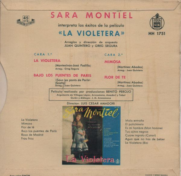 Sara Montiel Interpreta Las Canciones De La Película "La Violetera" Vinyl (7", EP, 45 RPM